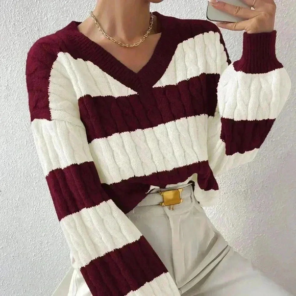 Red Violet Casual Women's Two Tone Cable Knit Drop Shoulder Sweater - Picture 4 of 6